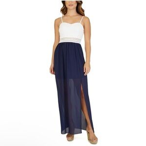 White and navy maxi dress
